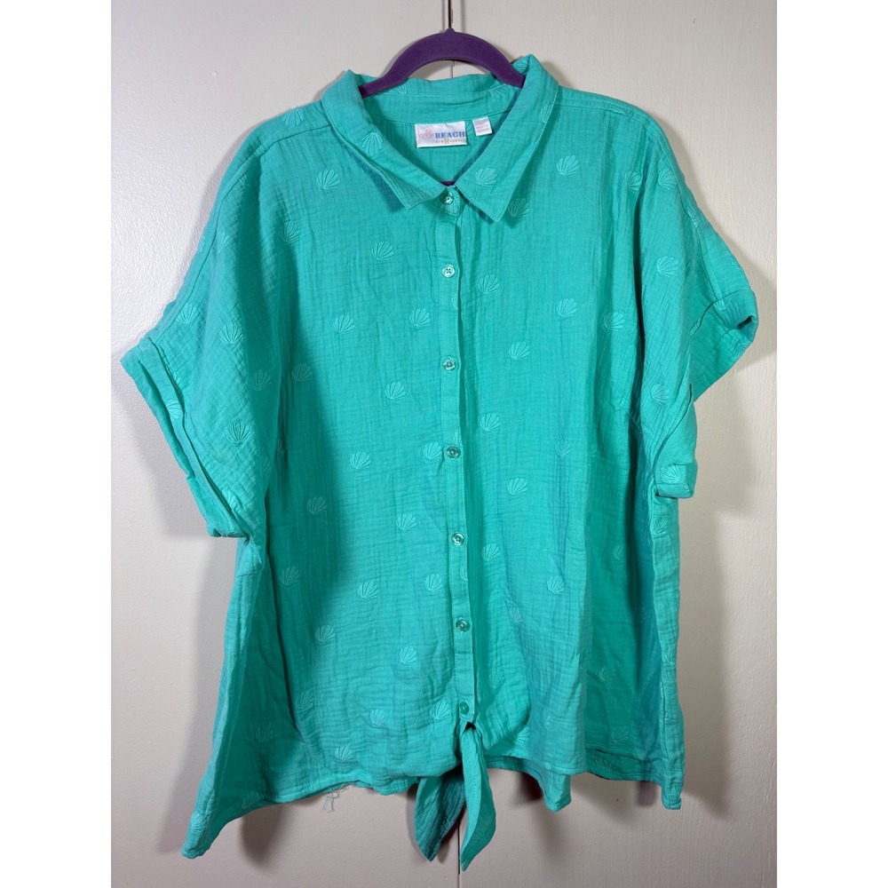 Belle Beach Kim Gravel Teal Cotton Gauze Seashell Top 3X Coastal Resort Cruise